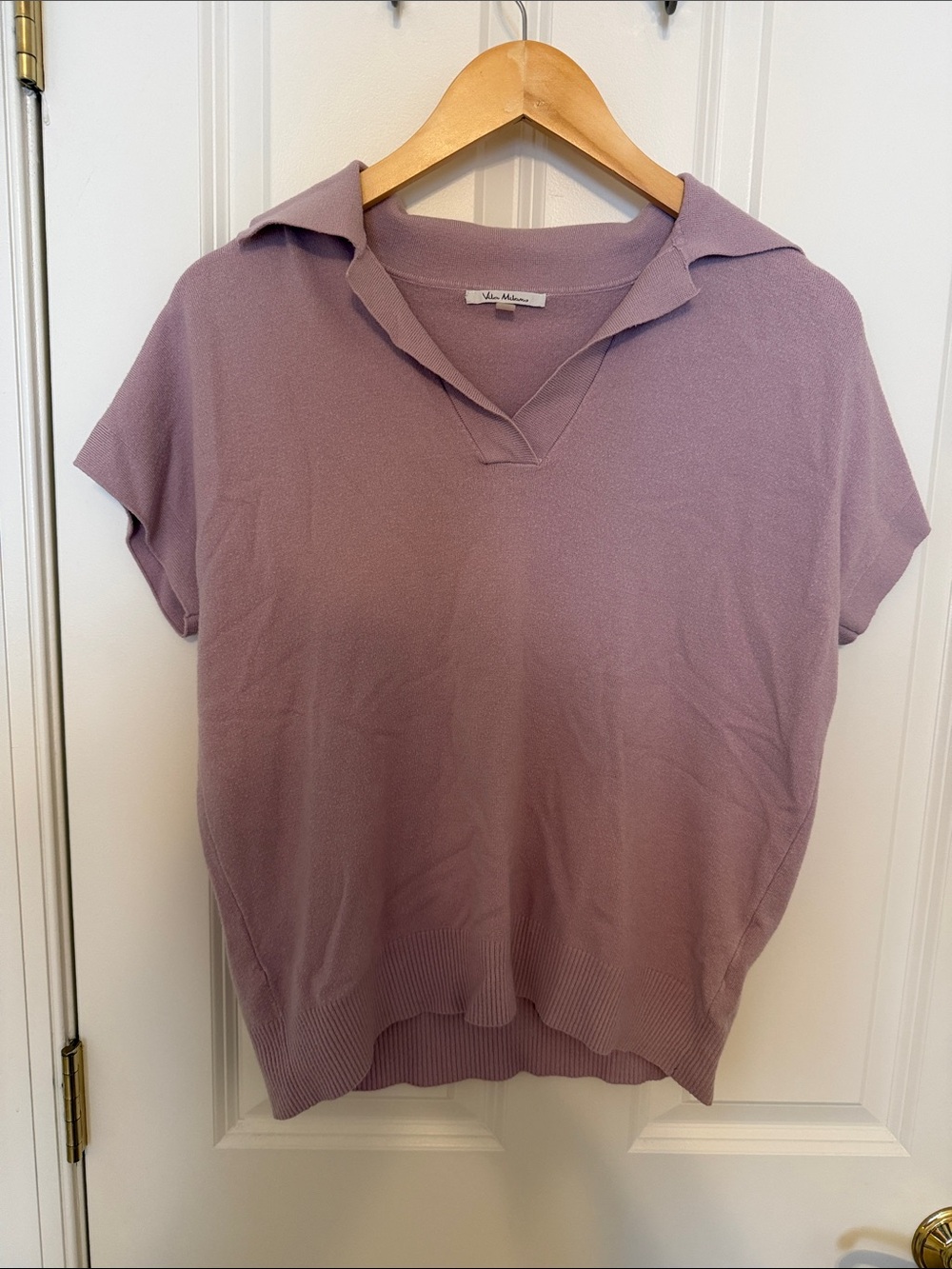 Collared Short-Sleeve Knit Top in Dusty Lavender
